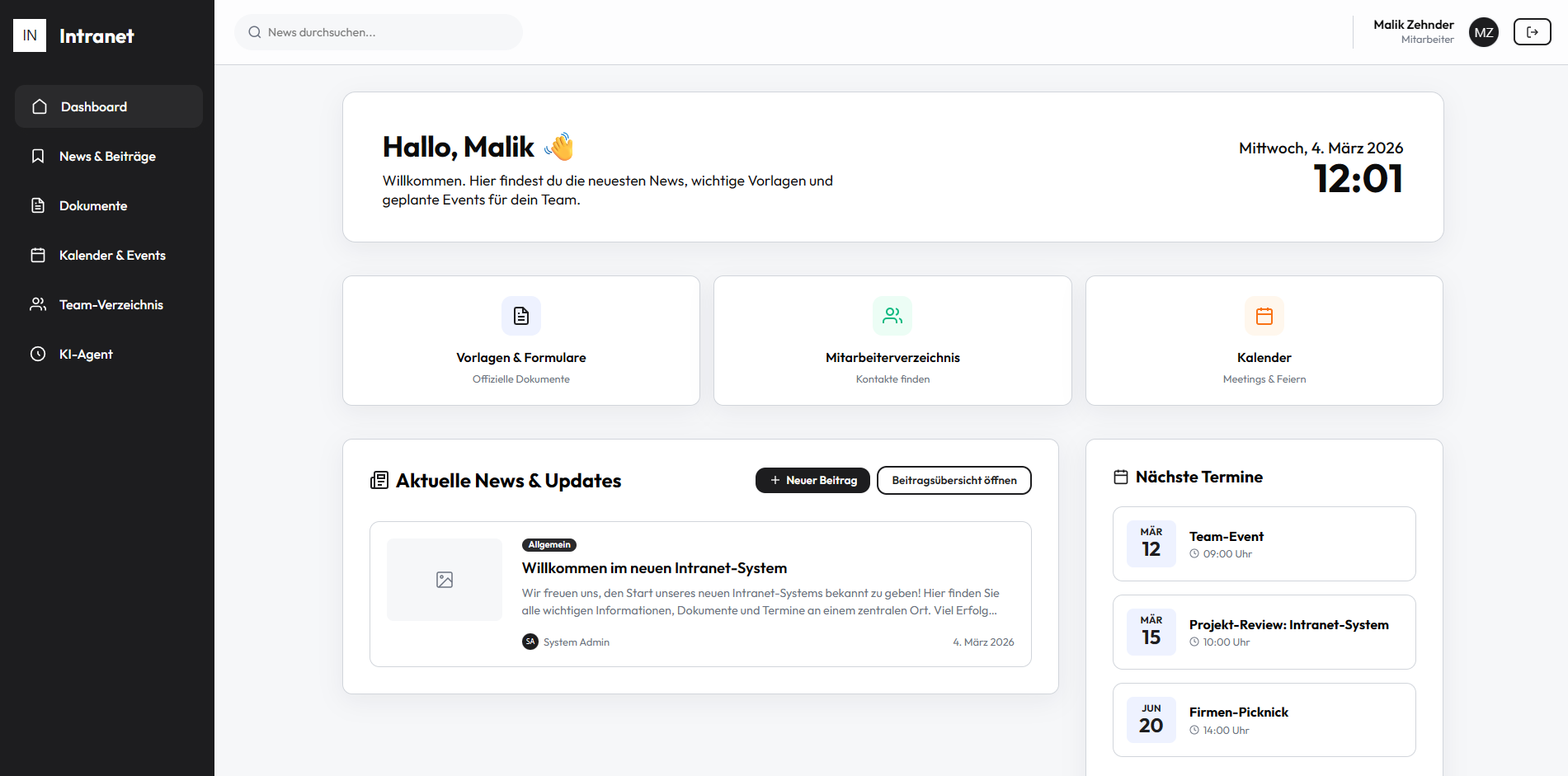 Webcore Intranet-System Dashboard